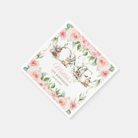 Woodland Dieren Roze Bloemen Meisje 1e Verjaardag Servet (Hoek)