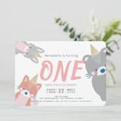 Woodland Dieren Wit Roze Meisje 1e Verjaardag Kaart (Staand voorkant)