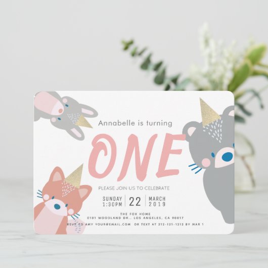 Woodland Dieren Wit Roze Meisje 1e Verjaardag Kaart (Staand voorkant)