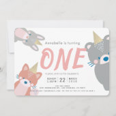 Woodland Dieren Wit Roze Meisje 1e Verjaardag Kaart (Voorkant)