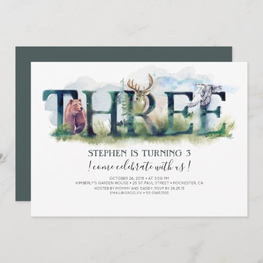Woodland drie - 3e verjaardag uitnodiging (Voorkant / Achterkant)