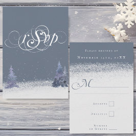 Woodland Dusty Blue en White Winter Snow Wedding RSVP Kaartje