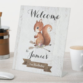 Woodland Eekhoorn eerste verjaardagsfeestje teken Reclamebord Met Voetstuk