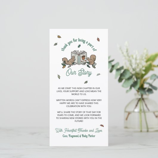 Woodland Eekhoorns Boek Baby shower Dank u Kaart (Staand voorkant)