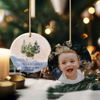 Woodland eerste kerst met geboortefoto keramisch ornament