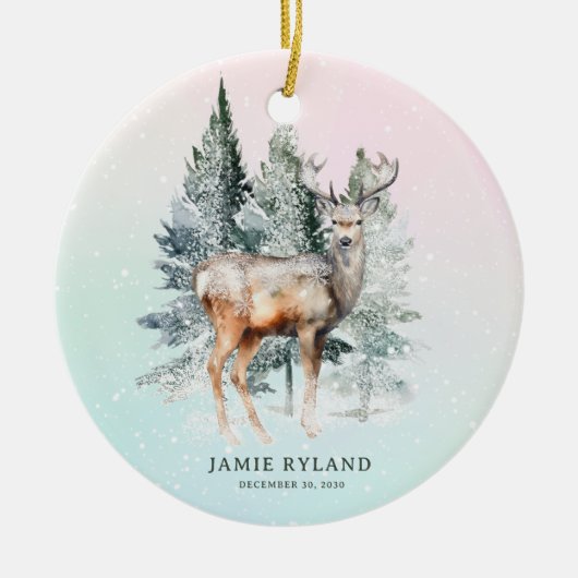 Woodland eerste kerstfoto en geboortedatum keramisch ornament (Voorkant)