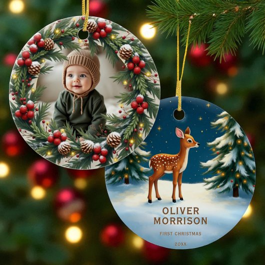 Woodland Eerste Kersthert Baby Gepersonaliseerd Keramisch Ornament