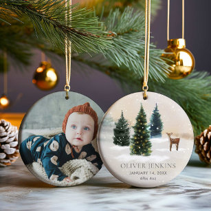 Woodland Eerste Kerstmis met Geboorte Statistieken Keramisch Ornament