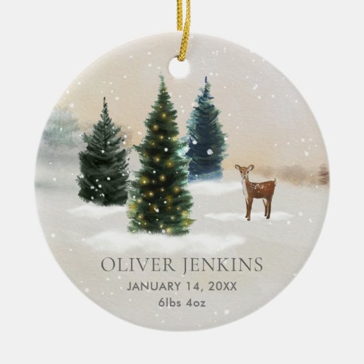 Woodland Eerste Kerstmis met Geboorte Statistieken Keramisch Ornament (Voorkant)