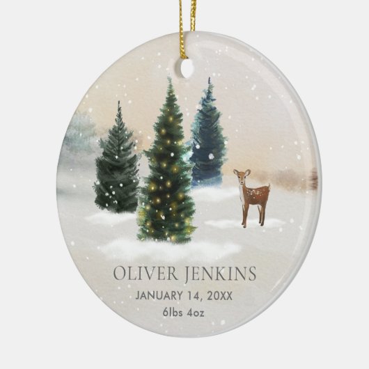 Woodland Eerste Kerstmis met Geboorte Statistieken Keramisch Ornament (Links)