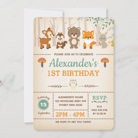 Woodland eerste verjaardagsuitnodiging bosdieren
kaart (Voorkant)