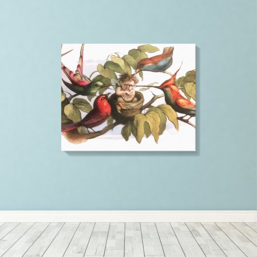 Woodland Elf in Nest: Antiek Bird Sprite Fairy Canvas Afdruk (Insitu (Houten vloer))