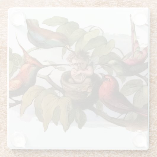 Woodland Elf in Nest: Antiek Bird Sprite Fairy Glazen Onderzetter (Achterkant)