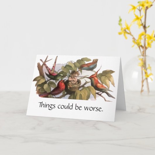 Woodland Elf in Nest: Antiek Bird Sprite Fairy Kaart (Gele Bloem)