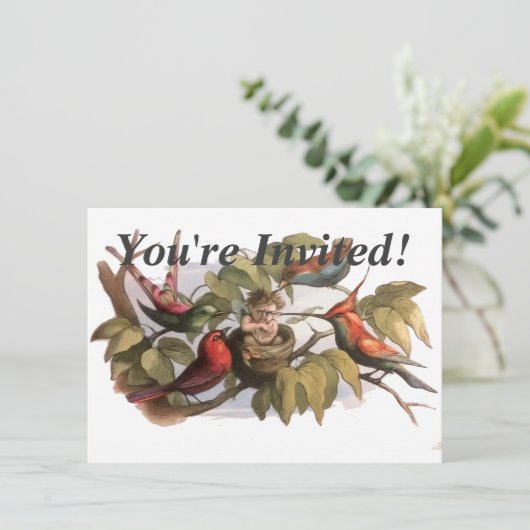 Woodland Elf in Nest: Antiek Bird Sprite Fairy Kaart (Staand voorkant)