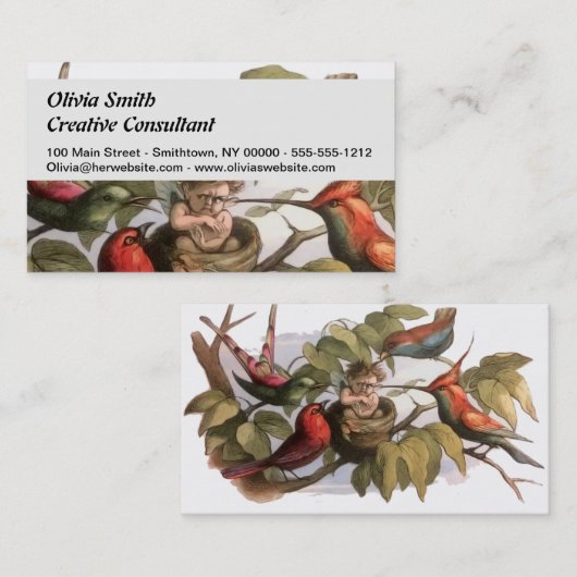 Woodland Elf in Nest: Antiek Bird Sprite Fairy Visitekaartje (Voorkant / Achterkant)