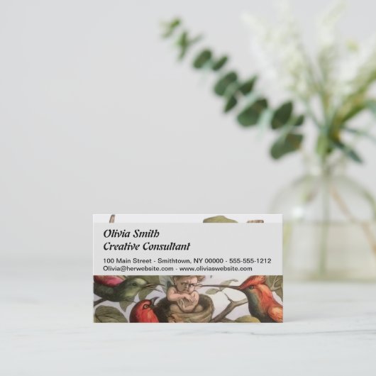 Woodland Elf in Nest: Antiek Bird Sprite Fairy Visitekaartje (Staand voorkant)