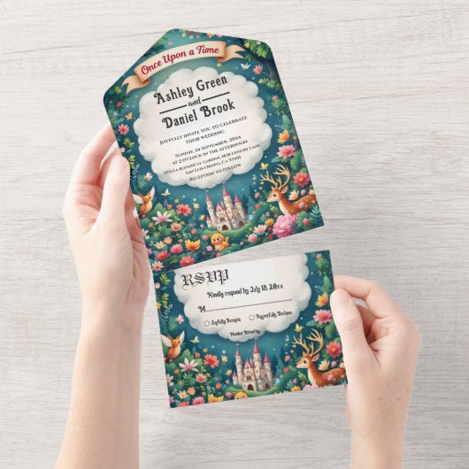 Woodland Enchanted Forest Castle Sprookjeshuwelijk All In One Uitnodiging (Afscheurbaar)