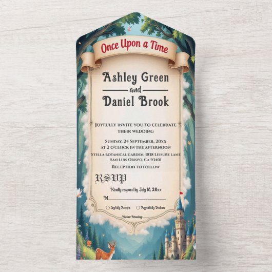 Woodland Enchanted Forest Castle Sprookjeshuwelijk All In One Uitnodiging (Binnen)