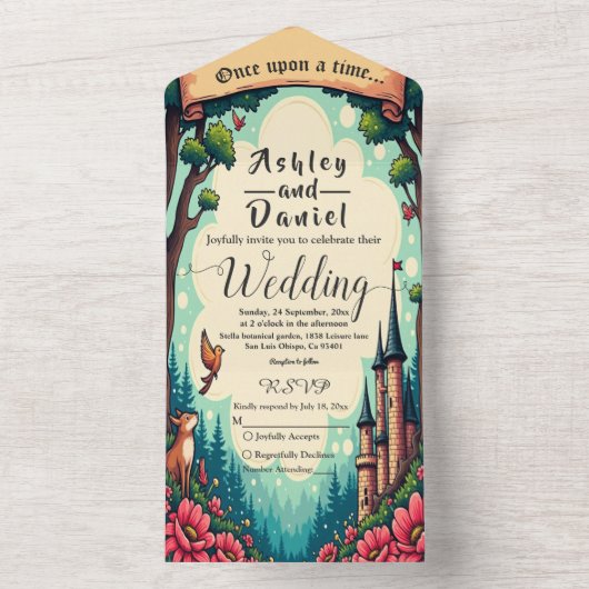 Woodland Enchanted Forest Castle Sprookjeshuwelijk All In One Uitnodiging (Binnen)
