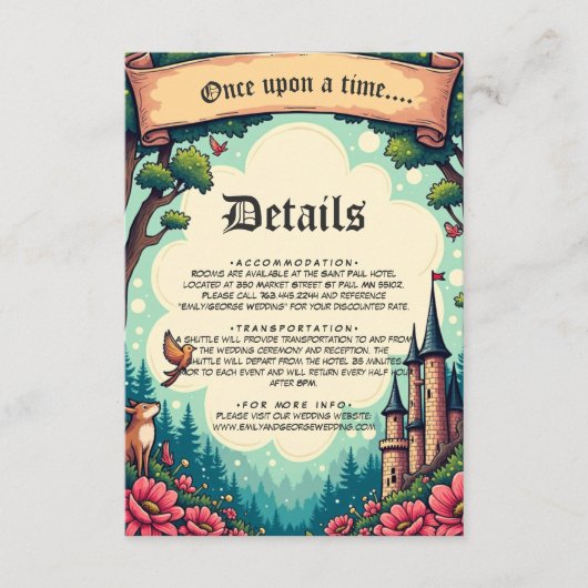 Woodland Enchanted Forest Castle Sprookjeshuwelijk Informatiekaartje (Voorkant)