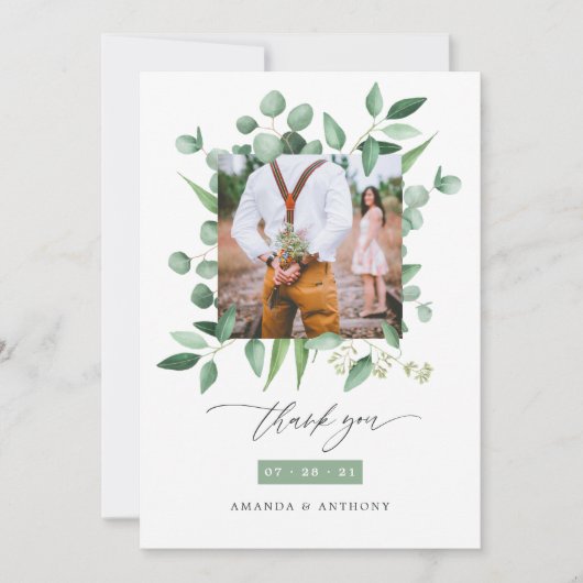 Woodland Eucalyptus Greenery Wedding Photo Collage Bedankkaart (Voorkant)