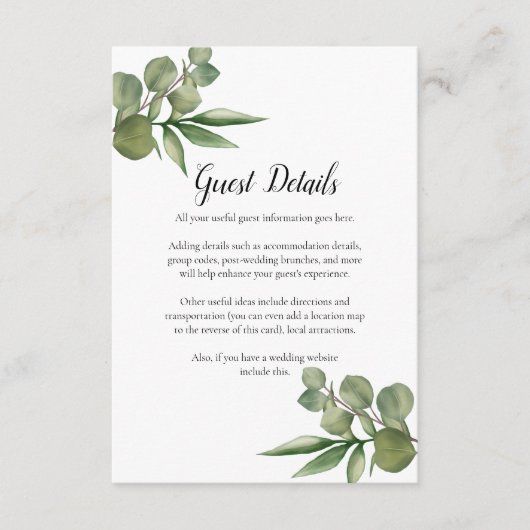 Woodland Eucalyptus groen bruiloft details Informatiekaartje (Voorkant)