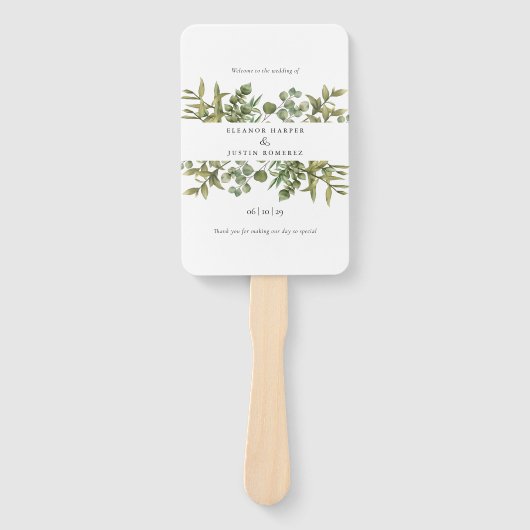 Woodland Eucalyptus groen bruiloft programma Handwaaier (Voorkant)