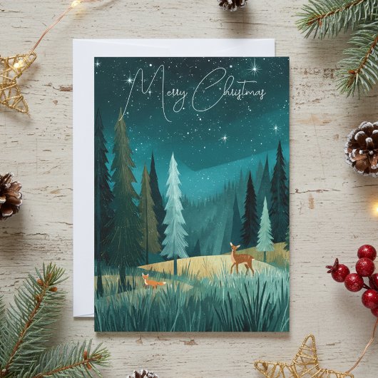 Woodland Evergreen Forest Holiday Scene Feestdagenkaart