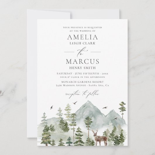 Woodland Evergreen Mountains bruiloft uitnodiging (Voorkant)