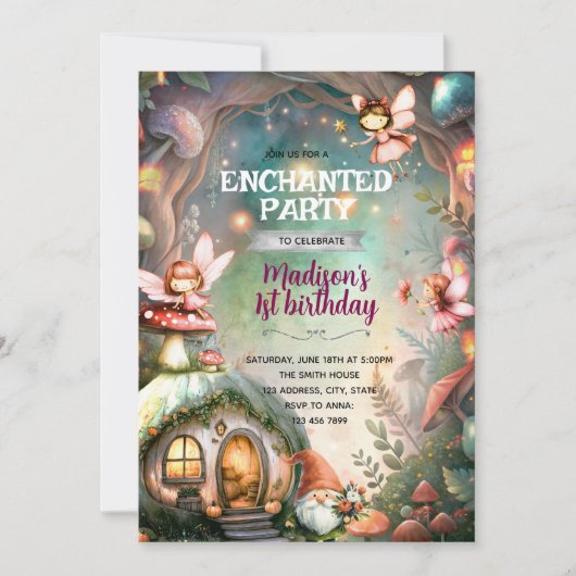 Woodland Fairy and Gnome Birthday Invitation Kaart (Voorkant)