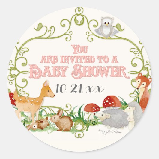 Woodland Fairy Tale Baby Douche Uitnodigingen Kaar Ronde Sticker (Voorkant)