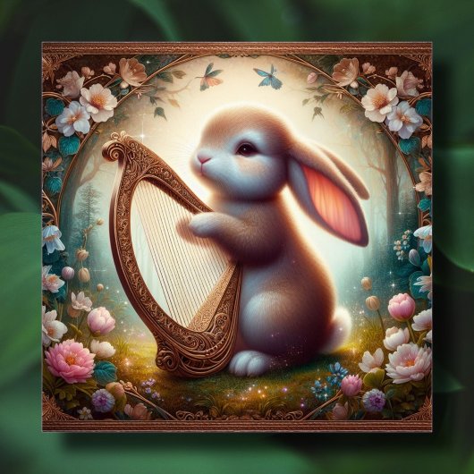 Woodland Fantasy Bunny Bloemen Harp Pasen Feestdagenkaart
