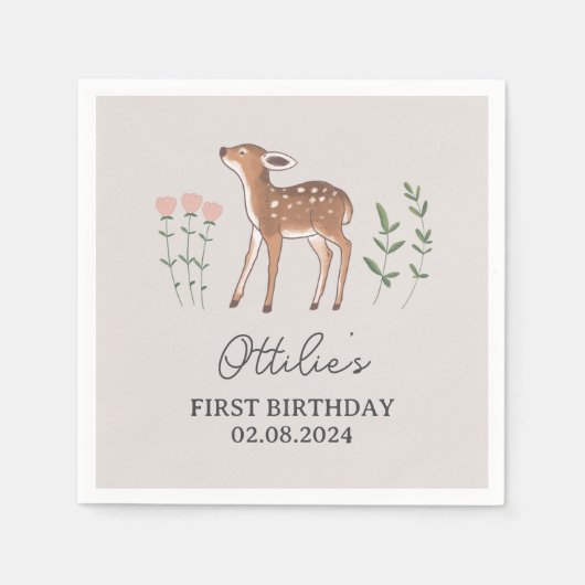 Woodland Fawn Flowers Birthday Servet (Voorkant)