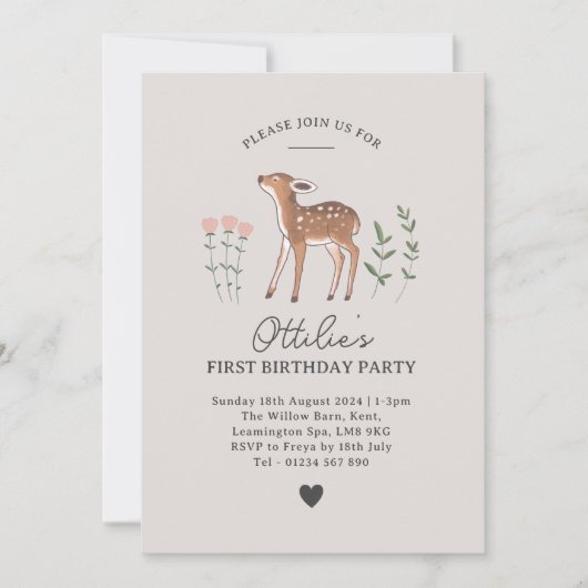 Woodland Fawn Flowers Birthday Uitnodiging (Voorkant)