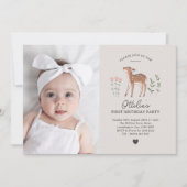Woodland Fawn Flowers Foto Birthday Invitation Kaart (Voorkant)