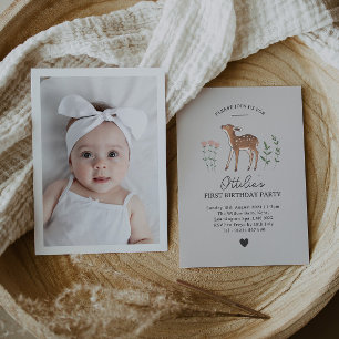 Woodland Fawn Flowers Foto Birthday Invitation Kaart