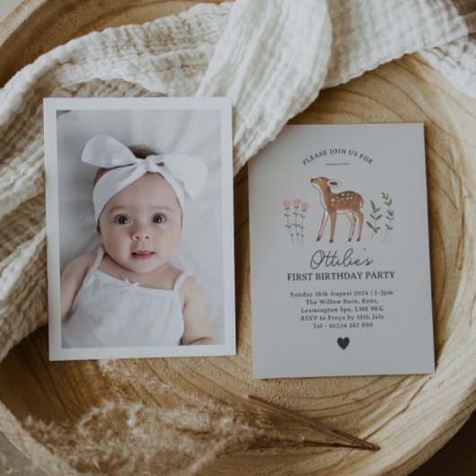 Woodland Fawn Flowers Foto Birthday Invitation Kaart