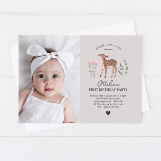Woodland Fawn Flowers Foto Birthday Invitation Kaart