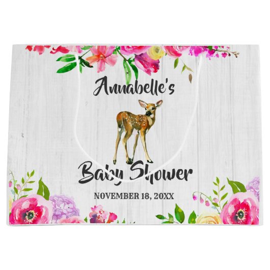 Woodland Fawn Herten Waterverf Bloemen Baby shower Groot Cadeauzakje (Voorkant)