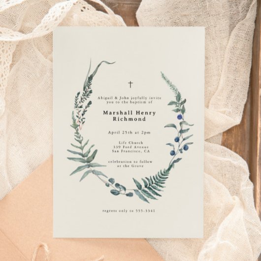 Woodland Fern Forest Berry Christening Baptism Kaart