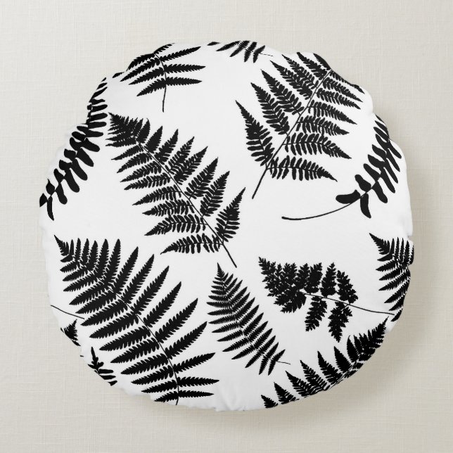 Woodland Fern Pattern, Black and White Rond Kussen (Voorkant)