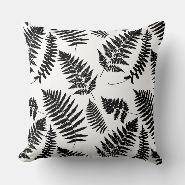 Woodland Fern Pattern, Black and White Throw Pillo Kussen (Voorkant)