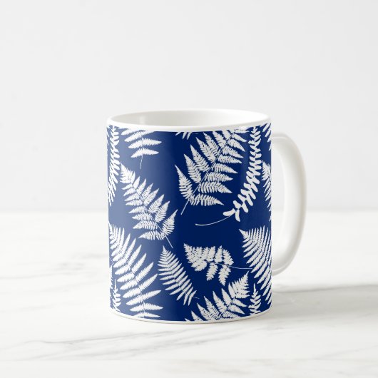 Woodland Fern Pattern, Cobalt Blue en White Koffiemok (Voorkant rechts)