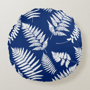 Woodland Fern Pattern, Cobalt Blue en White Rond Kussen