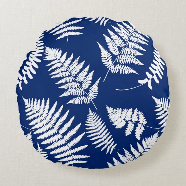 Woodland Fern Pattern, Cobalt Blue en White Rond Kussen (Voorkant)