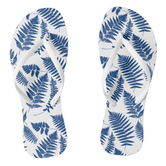 Woodland Fern Pattern, Cobalt Blue op White Teenslippers (Voetbed)