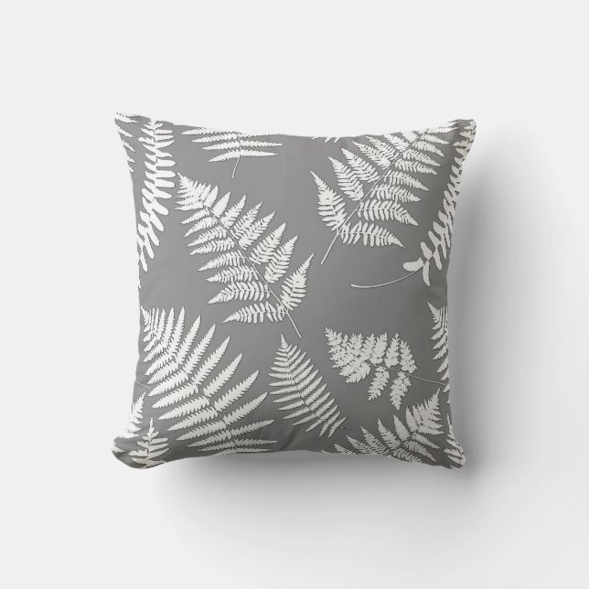 Woodland Fern Pattern, Grey / Grey and White Buitenkussen (Voorkant)