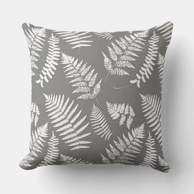 Woodland Fern Pattern, Grey / Grey and White Throw Kussen (Voorkant)