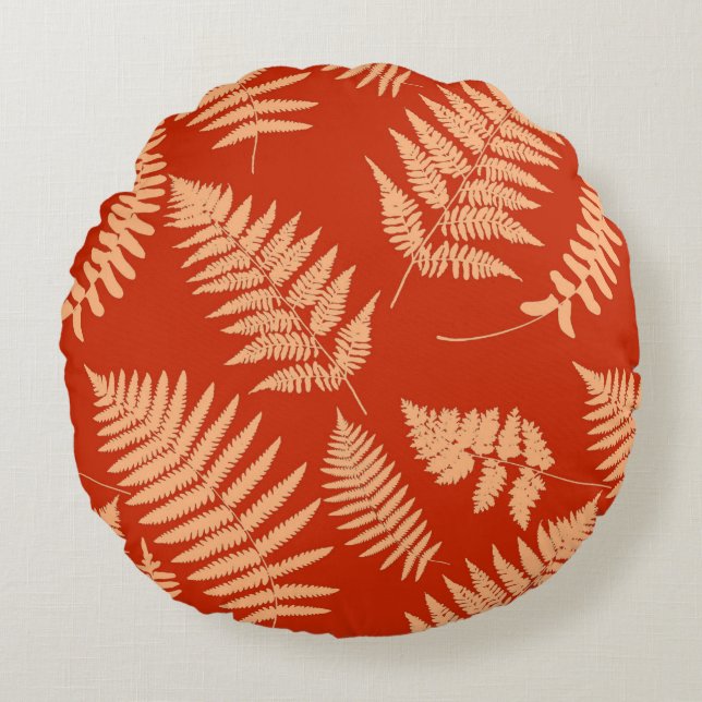 Woodland Fern Pattern, Mandarin Oranje Rond Kussen (Voorkant)